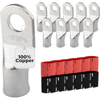 SELTERM 10pcs - 4/0 Awg - 5/16" Stud - Battery Lugs - Ring Terminal Connectors with 12pcs 3:1 Black & Red Heat Shrink Tubing with Adhesive | Heavy Duty Battery Cable Ends - Tinned Copper Wire Lugs Kit