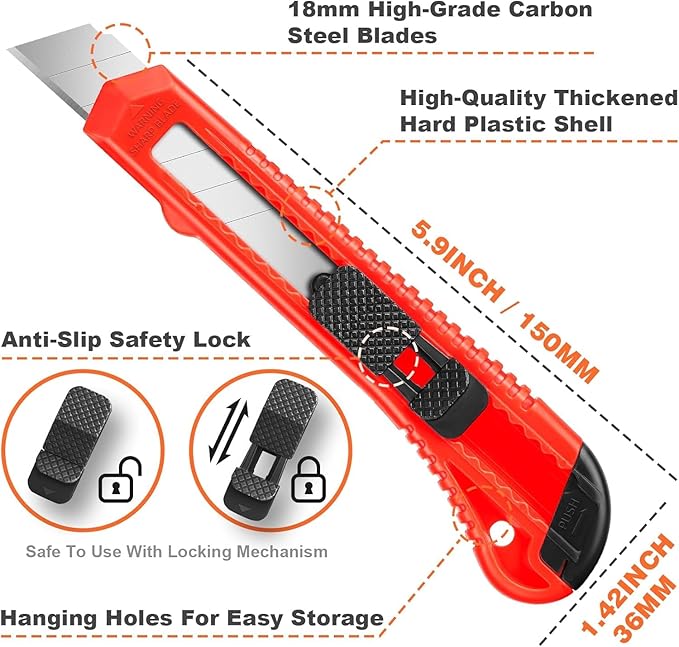 20 Pack Utility Knife, Box Cutter Retractable, Box Knife for Cartons, Cardboard, and Boxes, Box Opener with 10 Pieces 18mm Snap-off Blade, Razor Knife for Office and Home Use, Box Cutters