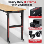 Workbench with Wheels 60 Inch Rubberwood Tabletop Garage Workbench Adjustable Height Work Bench with Pegboard, Power Outlets for Woodworking, Home, Office, Workshop
