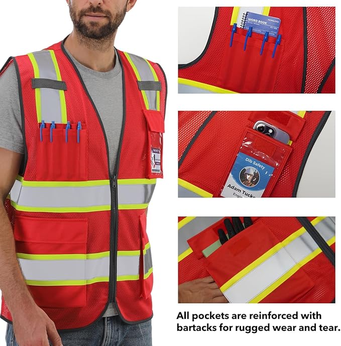 Dib Safety Reflective Mesh Vest High Visibility Two Tone with Pockets and Zipper, Red Mesh with Yellow Trim XL
