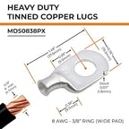 SELTERM 2pcs 8 AWG 3/8" Stud (Wide Pad) Tinned Copper Wire Lugs, Battery Lugs, Ring Terminals, Battery Cable Ends, 8 Gauge Ring Terminal Connectors, UL Marine Grade Battery Terminal Connectors