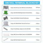 Erayco DIN Rail Terminal Blocks Kit, 20PCS UK2.5B Terminal Blocks 12 AWG Gauge, 20A 600V, 2PCS Ground Blocks, 4PCS Jumpers, End Stopper, End Covers, Marker Strip, 1Pcs 8" Aluminum Rail