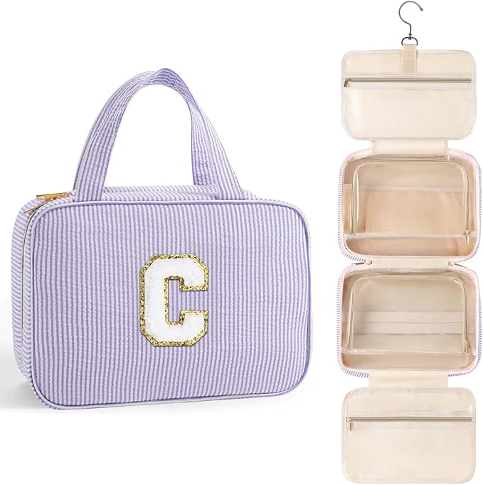 TOPEAST Hanging Toiletry Bag for Women - Travel Toiletry Bag Makeup Bag, Portable Toiletries Travel Bag and Cosmetic Bag, Airplane Travel Essentials - Letter C, Purple