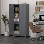 72.8" H Metal Storage Cabinet with Lockable Doors, Functional Garage Storage Cabinets, Cleaning Supply Tool Cabinets with Removable Pegboard Hanging Rod & S-Hooks, Grey