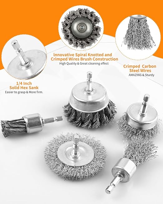 12 Pcs Drill Wire Brush Attachments Set, Heavy Duty Wire Brush Wheel for Drill, 1/4" Hex Shank Coarse Carbon Steel Crimped, Ideal for Cleaning Rust, Paint, Abrasive