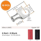 SELTERM 10pcs - 4 Awg - 1/2" Stud - Battery Lugs - Ring Terminal Connectors | with 12pcs 3:1 Black & Red Heat Shrink Tubing with Adhesive | Heavy Duty Battery Cable Ends - Tinned Copper Wire Lugs Kit