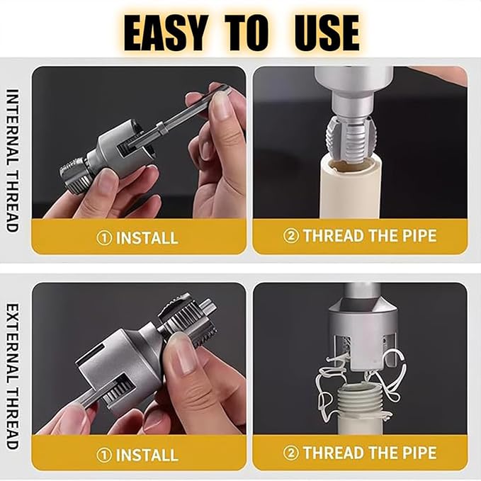 Integrated Internal & External Pipe Threading Tool, Pipe Thread Cutting Tool, Electric Drill Compatible 2 In 1 PVC Pipe Threader Kit, 1/2" 3/4" PVC Thread Maker Tool for Water Pipes (2 Pcs 1/2’’)