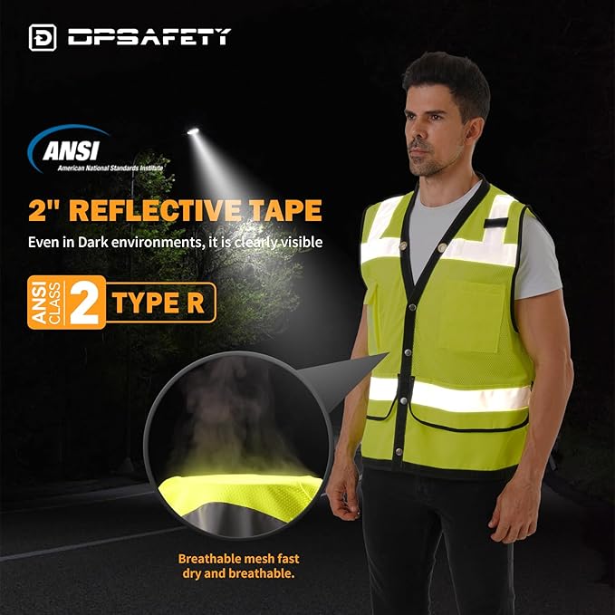 Reflective Safety vest With back plan pocket,High visibility Class 2 Heavy Duty Surveyor Vest,Hi Vis Vest ANSI/ISEA Standard, Construction Work Vest for Men＆Women(Lime-Button,4XL)
