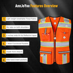 Class 2 Safety Vest with Zipper Front and multiple Pockets, High Visibility Vest, Meets ANSI/ISEA Standards