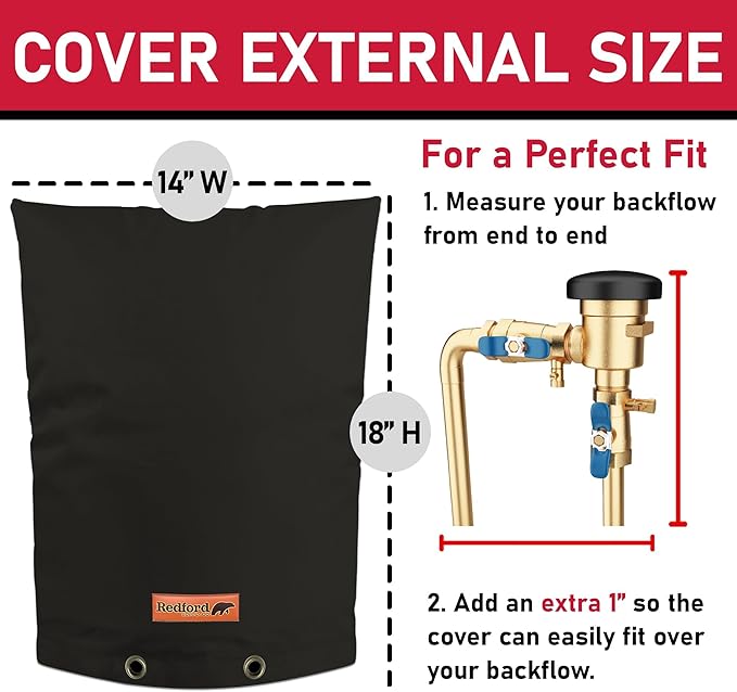 Redford Supply Co. Cold Snap (5°F) Backflow Preventer Insulation Cover, 14"W x 18"H, Pipe Insulation, Water Sprinkler Covers for Outside, Sprinkler Backflow Cover for Winter, Well Pump Bag (Black)
