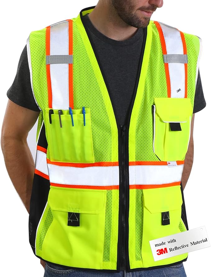 Dib Safety Vest Reflective Yellow Mesh, High Visibility Vest with Pockets and Zipper, ANSI Class 2 Heavy Duty, Made with 3M Reflective Tape 3XL