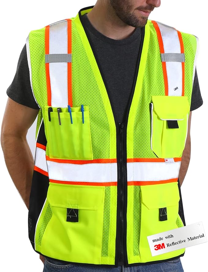 Dib Safety Vest Reflective Yellow Mesh, High Visibility Vest with Pockets and Zipper, ANSI Class 2 Heavy Duty, Made with 3M Reflective Tape 2XL