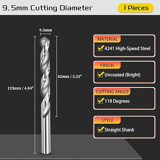 Drill Bit, 9.5mm Cutting Diameter, 4241 HSS 118° Cutting Angle Uncoated Bright Versatile Jobber Bits - (Applications: for Drilling Plastic Wood Soft Metal), 1-Pieces