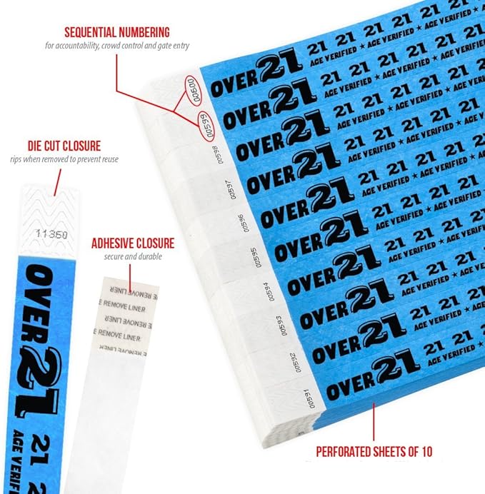 200 WristCo Over 21 Neon Blue Tyvek Wristbands for Events - ¾” x 10” - Waterproof Recyclable Comfortable Tear Resistant Paper Bracelets Wrist Bands for Concerts Festivals Admission Party