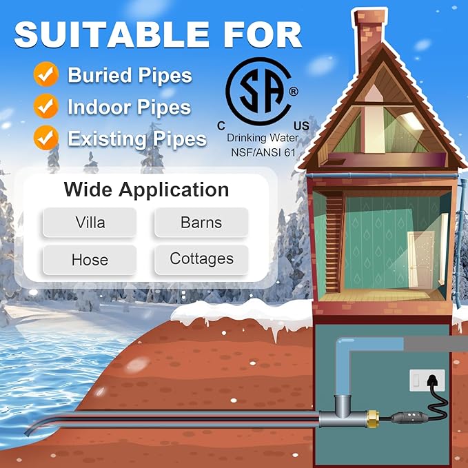 MAXKOSKO In Pipe Heat Cable for Drinking Water Supply, CSA Certified Self Regulating Heater Inside Water Pipes, Safe for Use with Metal and Non Metal Pipes, 70Ft 120V