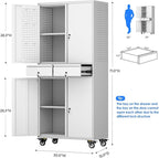 Garage Storage Cabinet with Wheels, Metal Storage Cabinet with 2 Drawers and 2 Adjustable Shelves, Metal Lockers with Pegboards for Homes, Offices, Kitchens, and Pantries, Gray and White