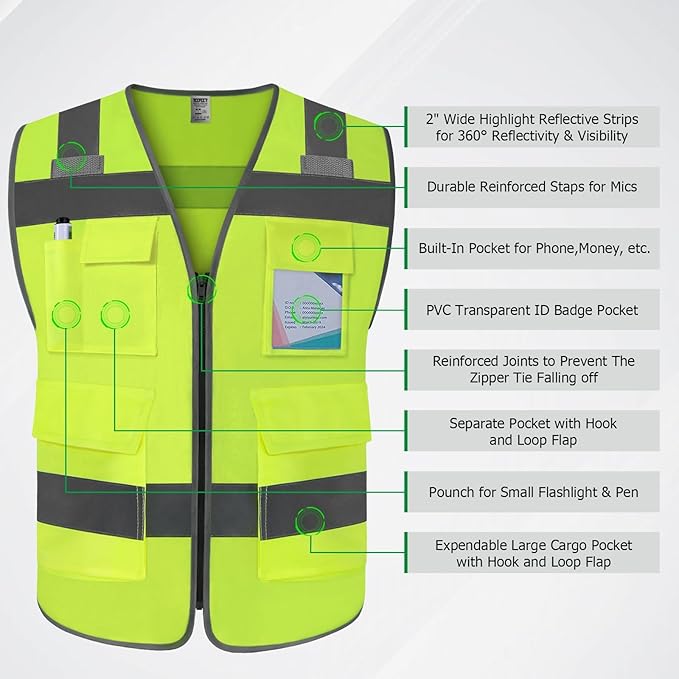 TCCFCCT Safety Vest for Men Women 5 Pockets Reflective Vest with Reinforced Zipper, High Visibility Construction Work Vest with Tabs for Walkie-talkie, Durable to Use, Meets ANSI/ISEA, T5-Yellow, 5XL