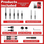 Countersink Drill Bit Set for Woodworking, 15 PCS M2 Cobalt HSS Tapered Drill Bits Kit with 2 Wood Plug Cutters, 1/4" Hex Shank Quick Change, Depth Stop Collars, 82° Counterbore & Storage Case