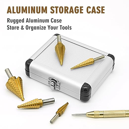 BeHappy Step Drill Bit Set, 5Pcs Titanium Step Drill Bit Set, High Speed Steel Step Drill Bits with Automatic Center Punch for Sheet Metal, Wood, Plastic, 50 Sizes with Aluminum Case for DIY
