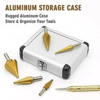 BeHappy Step Drill Bit Set, 5Pcs Titanium Step Drill Bit Set, High Speed Steel Step Drill Bits with Automatic Center Punch for Sheet Metal, Wood, Plastic, 50 Sizes with Aluminum Case for DIY