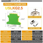 Erayco USLKG2.5 Ground Circuit Connection Terminal Block, Screw Clamp, 600V 20A 24-12AWG, DIN Rail Mounted, Pack of 50 (Green & Yellow)