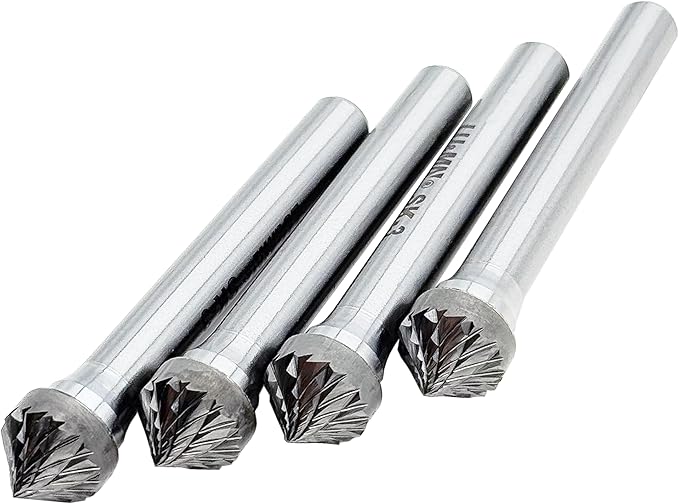 Tungsten Carbide Burr 90° Cone, SK-3, Double Cut, 3/8" x 3/16" Head, 1/4" Shank, Versatile Burr Bit, 4 pcs for Metalworking, Woodworking, Grinding, Shaping & Deburring by LU&MN
