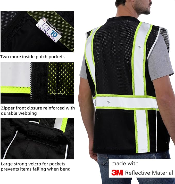 Dib Safety Vest Reflective Black Mesh, High Visibility Vest with Pockets and Zipper, Heavy Duty Vest Made with 3M Reflective Tape XL
