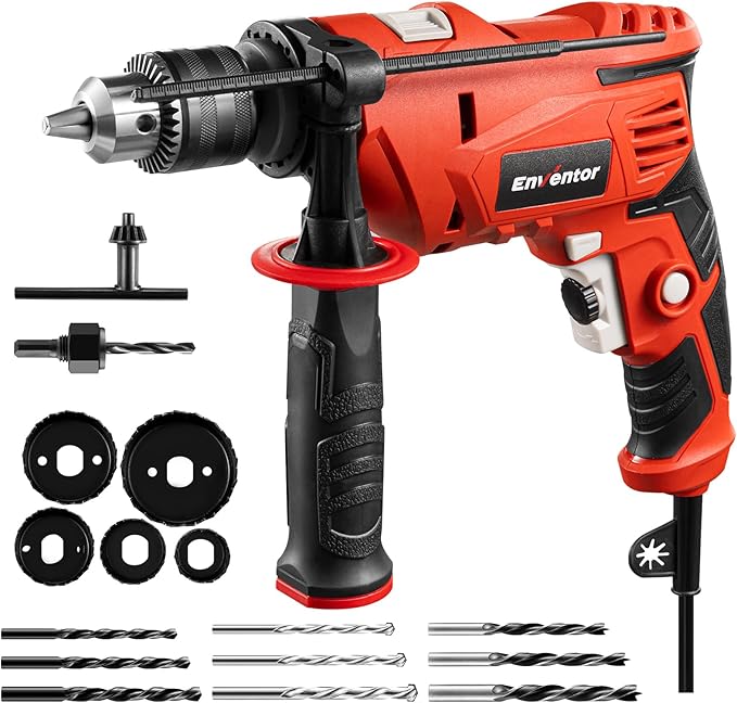 Enventor 7.5 Amp Hammer Drill, 1/2 Inch Electric Hammer Drill, 900W 0-3000RPM Variable Speed, 360° Auxiliary Handle, Lightweight Corded Hammer & Drill 2 in 1 Functions with 9pcs Bit for Metal, Wood