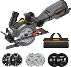 Circular Saw, 5.8A 4-1/2" Circular Saw w/Laser, Metal Auxiliary Handle, 6 Blades (4½", 4¾"), Cutting Depth 1-11/16" (90°), 1-3/8" (45°), Ideal for Wood, Soft Metal, Plastic, Tile - MCS01A