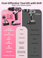 Pink Cordless Drill Set 142 Pcs, 21V Pink Power Drill Tool Set Kit with Storage Bag, Electric Drill Set for Women, Precision Screwdriver set, Magnetic Tool Belt, for Home DIY Projects