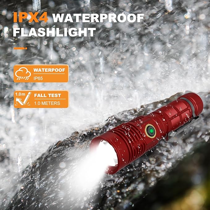 Small Tactical Flashlights High Lumens - 1500 Meters Long Beam Super Bright LED Magnetic Flashlight USB Rechargeable Zoomable 5Modes Long Beam Spotlight Flashlight for Hiking, Camping-Red