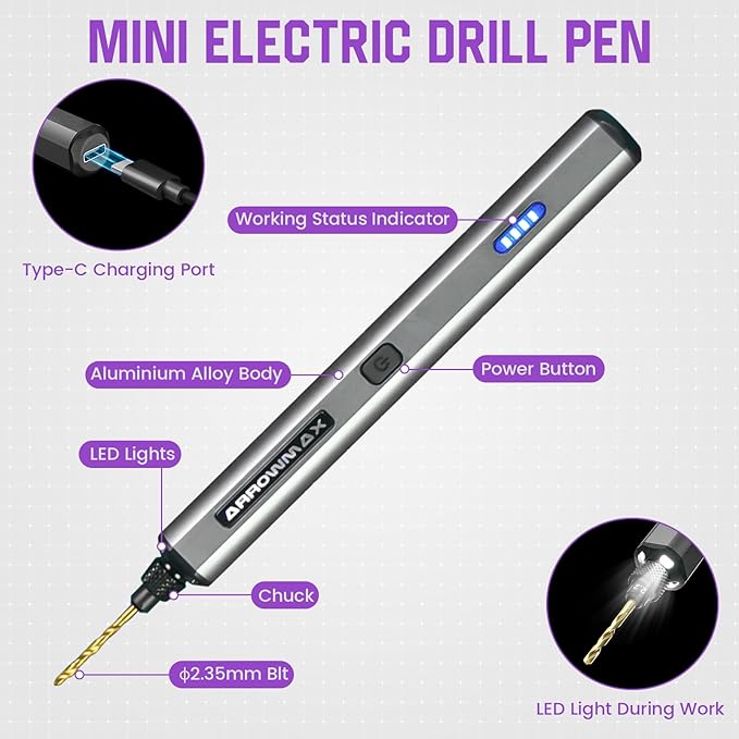 AM ARROWMAX Mini Electric Drill Pen, 13 in 1 with Aluminium case, Rechargeable, 800 RPM, Needle Vise Hand Drill Kit, 10 HSS Bits, DIY, Wood, Jewelry Making (SDS MINI)