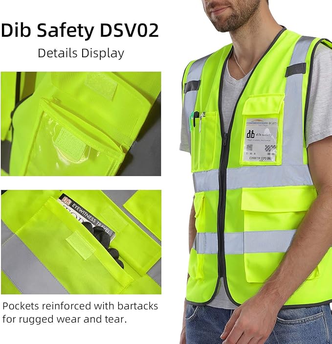 Dib Safety Vest Reflective ANSI Class 2, High Visibility Vest with Pockets and Zipper, Hi Vis Yellow 5 Pack L