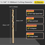 Drill Bit, 5/64" Cutting Diameter (1.984mm), 4241 HSS Black and Gold 118° Cutting Angle Versatile Jobber Bits - (Applications: for Drilling Plastic Wood Soft Thin Metal), 6-Pieces