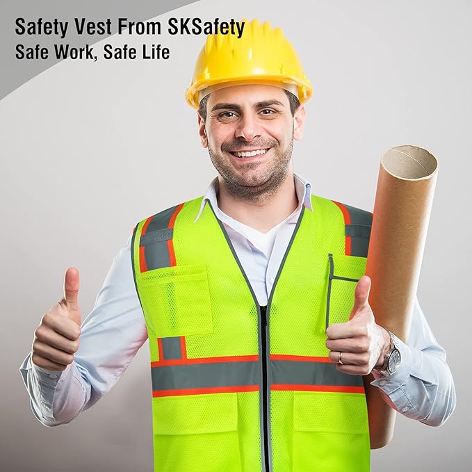SKSAFETY 10 Pockets Safety Vest, Class 2 High Visibility Security with Zipper Double-sided mesh, Hi Vis Vest with Reflective Strips, ANSI/ISEA Standard, Construction Work Vest （Lime, 5XL）