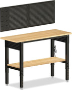 Adjustable Height Work Bench 48×24 Workbench for Garage with Under Table Shelf Heavy Duty Rubber Wood Work Table for Shop Woodworking, Office, Home, Commercial