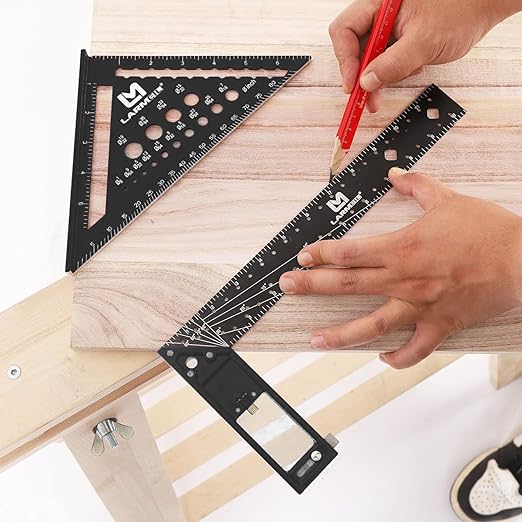 Rafter Square 7 Inch and Framing Square 12 Inch Carpenter Square Set, Aluminum Woodworking Square Tool Ruler for Woodworking, Black
