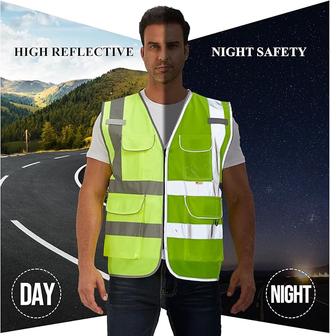 SIFE Reflective Safety Vest High Visibility Vest With 7 Pockets And YKK Zipper, ANSI/ISEA Class 2 Standard, Made With 3M Reflective Tape(03YG-Yellow Mesh,XL)