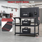 Workbench with Dual Pegboards 3-Tier Adjustable Rolling Work Table Heavy Duty Metal Tool Bench with Push Handle & Wheels Mobile Workstation for Garage, Workshop, Warehouse
