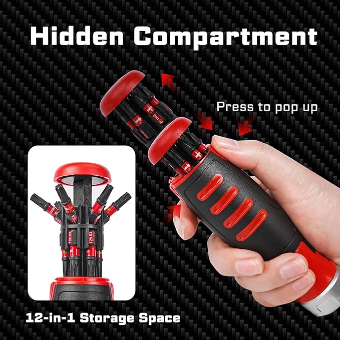 12Pieces Ratcheting Screwdriver Set, 12-in-1 Multi-bit Magnetic Screwdriver Quick-Load Mechanism, S2 Steel Phillips, Slotted, Torx, Square Bits, Impact Bit Holder with Eva Foam Storage Tray