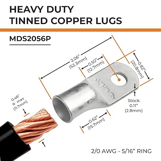 SELTERM 5pcs 2/0 AWG 5/16" Stud Tinned Copper Wire Lugs, Battery Lugs, Ring Terminals, Battery Cable Ends, 00 Gauge Ring Terminal Connectors, UL Marine Grade Electrical Battery Terminal Connectors