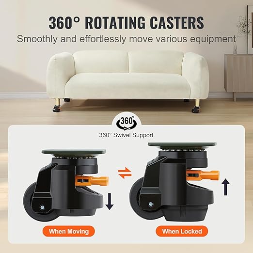 VEVOR Leveling Casters Set of 4, 2.5" Heavy Duty with Upgraded Ratchet Handle Design kit Capacity 4400 lbs, 360 Degree Swivel Caster Wheels, Adjustable Casters with Feet for Furniture, Equipment