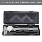 6 Inch 0.001 Precision Dial Caliper Stainless Steel Shockproof 4-Way Measurement with Plastic Case, Good Caliper Measuring Tool