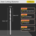 Drill Bit, 2mm Cutting Diameter, 4241 HSS 118° Cutting Angle Uncoated Bright Versatile Jobber Bits - (Applications: for Drilling Plastic Wood Soft Metal), 5-Pieces