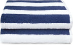 Amazon Basics 100% Cotton Terry Absorbent Cabana Stripe Pool & Beach Towels, Soft, Large, and Thick, 2-Pack, Navy Blue, 30 in x 60 in
