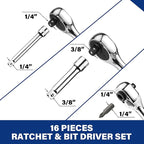 WORKPRO Stubby Ratchet & Bit Driver Set 16 PCS, 1/4", 3/8" Drive Ratchet Handle Wrench, 72-T Quick-Release Reversible Socket Wrench, 2 Socket Adapters, 2 Extension Bars, 10 PCS 1/4" Hex Bits