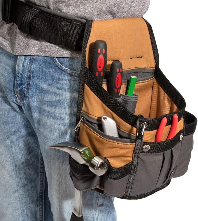 Dickies 8-Pocket Padded Tool Belt/Utility Pouch, Adjustable 3-Inch Belt, Durable Canvas Construction, Tan/Grey