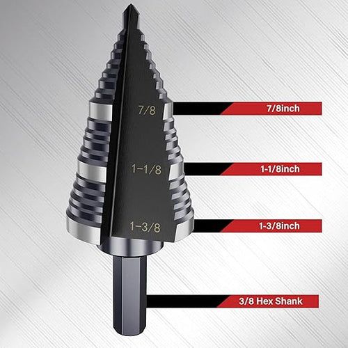 1/4 to 1-3/8 Inch Step Drill Bit, M2 High-Speed Steel Double Fluted Drill bits, Straight Grooved Step Drill Bit for Hole Drilling in Stainless Steel, Copper, Aluminum, Wood, Plastic