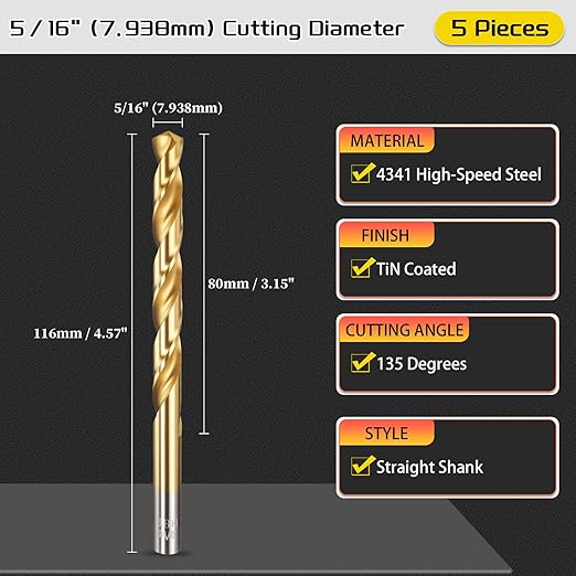Drill Bit, 5/16" Cutting Diameter, 4341 HSS TiN Coated 135° Cutting Angle Jobber Bits - (Applications: for Drilling Soft Metal Plastic Wood), 5-Pieces