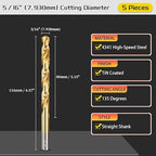 Drill Bit, 5/16" Cutting Diameter, 4341 HSS TiN Coated 135° Cutting Angle Jobber Bits - (Applications: for Drilling Soft Metal Plastic Wood), 5-Pieces